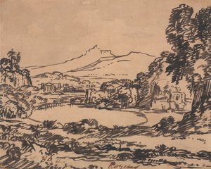 Paisagem com lago e montanha distante de Alexander Cozens