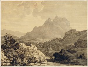 Paisagem montanhosa, c.1780 (cinza e marrom lavar em papel preparado com terra marrom)
