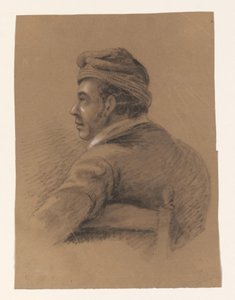 Busto de um homem sentado virado, visto por trás