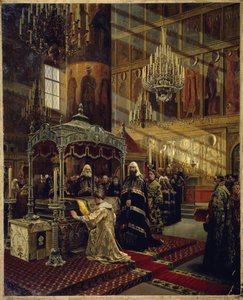 Czar Alexei I Mikhailovich, conhecido como o Czar Muito Pacífico (1629-1676) e o Patriarca Nikon (1605-1681) no caixão de Filipe I, Metropolita de Moscovo de Alexander Dimitrievitch Litovtchenko