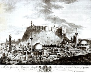 Uma vista da cidade e do castelo de Aleppo, Síria, 1754 de Alexander Drummond