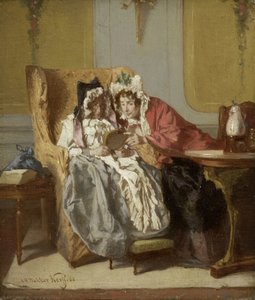 Duas senhoras examinando uma pequena pintura Duas senhoras olhando para uma foto