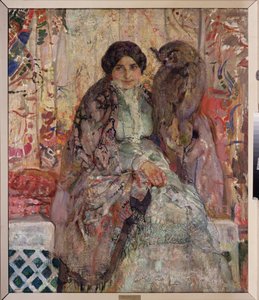 Mulher com uma grande coruja com cornos. Pintura de Alexander Ivanovich Savinov (1881-1942), óleo sobre tela de Alexander Ivanovich Savinov