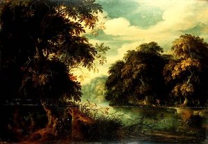 Paisagem florestal com apanhadores de pássaros junto a um rio (painel)