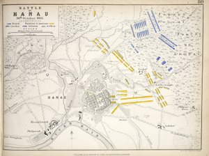 Mapa da Batalha de Hanau, publicado por William Blackwood and Sons, Edimburgo e Londres, 1848 (gravura colorida à mão)