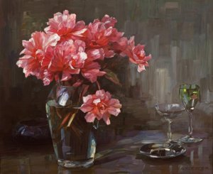 A.Koester, flores em vaso de vidro