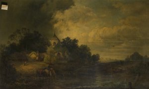 Paisagem romântica com cavalos bebendo, final do século XIX