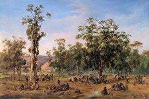Um acampamento aborígine perto do sopé de Adelaide