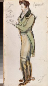 Traje preparatório para um jovem para a ópera ""Eugene Onegin"" de Piotr Tchaikovsky (1840-1893) (Figurino para a ópera Eugene Onegin de P. Tchaikovsky) - Obra de Alexander Valentinovich Sredin (Sredine) (1872-1934) , lápis e aquarela sobre