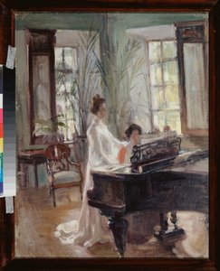Numa Recepção - Duas mulheres fazendo música, cantando e tocando piano - Obra de Alexander Valentinovich Sredin (Sredine) (1872-1934), óleo sobre cartão - Arte russa do final do século XIX - modernismo - Ar regional