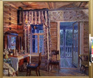 Interior com Lâmpada de Ícone. Pintura de Alexander Viktorovich Moravov (Alexander Victor) (1878-1951), óleo sobre tela