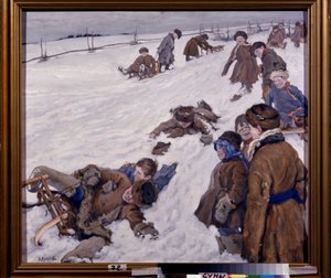Desportos de Inverno. Cena de trenó, num campo nevado, as crianças vestidas calorosamente estão a divertir-se e a rir-se em voz alta. Pintura de Alexander Viktorovich (Alexander Victor) Moravov (1878-1951), óleo sobre tela