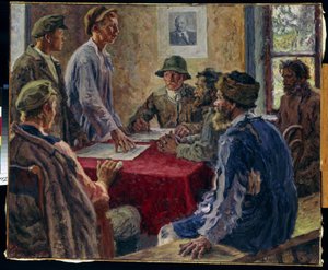 Uma reunião do Comité dos Camponeses Pobres em 1918. Pintura de Alexander Viktorovich Moravov (Alexander Victor) (1878-1951), óleo sobre tela