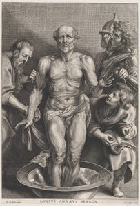 A Morte de Sêneca, de pé no centro com os pés em uma bacia de água, apoiado..., ca. 1655-78. de Alexander Voet