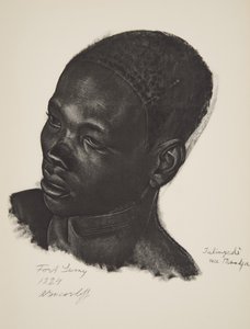 Ialingede, raça de Mandja. (Fort Lamy), de Cartoons and Paintings in Africa, executado durante a expedição Citroen Centre Afrique, segunda missão Haardt Audouin-Dubreuil, pub. Paris, 1927 (cama de cor