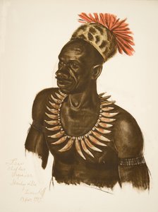 Louaho, Chefe Wagenia (Stanleyville), de Cartoons and Paintings of Africa, executado durante a expedição Citroen Centre Afrique, segunda missão Haardt Audouin-Dubreuil, pub. Paris, 1927 (cama de cor