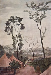 Uma aldeia em Loubangui - Chari, da African Designs and Paintings, executada durante a expedição Citroen Centre Africa, segunda missão Haardt Audouin-Dubreuil, pub. Paris, 1927 (cor litho de Alexander Yakovlev