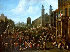 Uma cena de mercado com artistas de rua e outras figuras (óleo sobre tela) de Alexander van Bredael