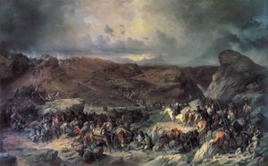 Exército de Alexander Suvorov atravessando a passagem de São Gotardo, em setembro de 1799, no século XIX.