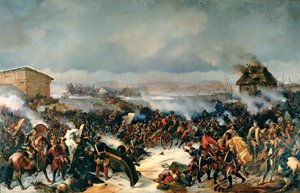 A Batalha de Narva, 19 de Novembro de 1700. Episódio da Grande Guerra do Norte (1700-1721) entre a Suécia e todos os países bálticos, Dinamarca, Polónia e Rússia. Pintura por Alexander (Alexander) von Kotzebue (1815-1889), óleo sobre tela