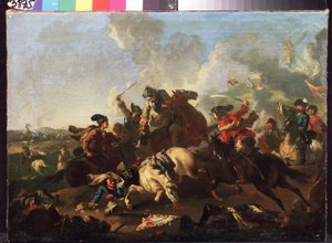 Cena da Batalha de Poltava (ou Pultawa, na Ucrânia). Batalha que teve lugar a 8 de Julho de 1709, entre o exército de Pedro I da Rússia (conhecido como O Grande
