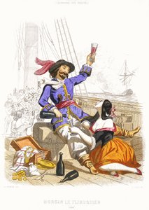 O Capitão Henry Morgan brinca com vinho e mulheres, à verdadeira moda dos piratas, em meados do século XIX (gravura a cores) de Alexandre (after) Debelle