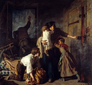 Cena de incêndio. Uma família presa no seu apartamento tenta escapar ao incêndio do edifício. O pai da família pede ajuda pela janela. Pintura de Alexander Antigna (1817 - 1878)