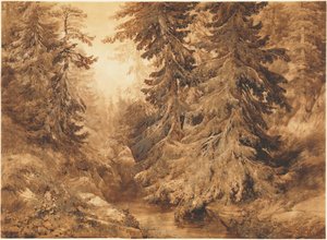 Uma antiga floresta de pinheiros com um ribeiro de montanha de Alexandre Calame