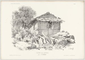 Cabana de troncos com troncos de árvores derrubadas em primeiro plano de Alexandre Calame