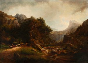 Paisagem montanhosa com cascata de Alexandre Calame