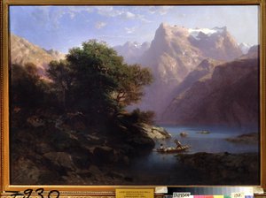 ""Paisagem de montanha com lago na Suíça"" (Lago de montanha) Pintura de Alexandre Calame (1810-1864) 1860 Galeria de Arte Regional, Tambov Rússia de Alexandre Calame