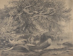 Dois homens descansando à beira de um lago..., início a meados do século XIX. de Alexandre Calame