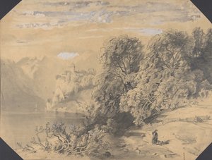 Mulher com um cachorro em um lago de montanha, início a meados do século XIX. de Alexandre Calame