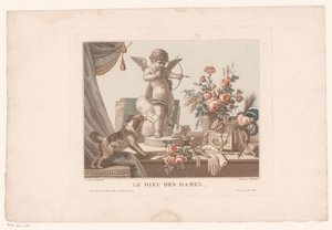 Natureza morta sobre uma mesa com um cão e uma estátua de Cupido
Le Dieu des dames (título sobre o objecto) de Alexandre Chaponnier