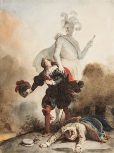 Don Juan et Leporello rencontrent la estátua du Commandeur au cimetière (grafite, caneta e tinta marrom com aquarela sobre papel, realçada com goma arábica) de Alexandre Evariste Fragonard