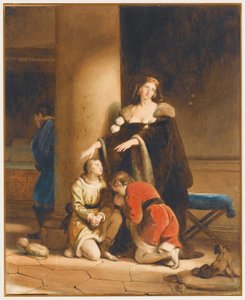 Elizabeth Woodville, Rainha de Inglaterra, despedindo-se de seus filhos, Edward V e Richard, Duque de York, com um homem de luto atrás de uma coluna