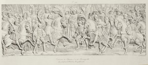Encontro de Francois I e Henrique VIII no Campo do Pano de Ouro, depois do relevo de pedra esculpida no Hotel de Bourgtheroulde, Rouen, Normandia, 1501-37, gravado por Godefroy Engelmann (1788-183) de Alexandre Evariste Fragonard