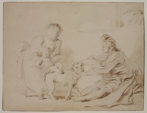 A Primeira Lição de Equitação (La première leçon déquitation), c.1778 (grafite e lavagem marrom em papel antigo) de Alexandre Evariste Fragonard