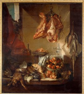 Um interior de cozinha ainda vivo de caça, fruta e carne. Pintura de François Desportes (1661-1743) Chalons sur Marne do século XVIII, Musee des Beaux Arts