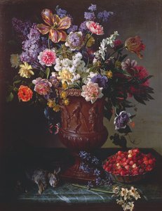 Flores em uma urna esculpida com uma tigela de morangos silvestres e lebre em uma borda, 1715 de Alexandre Francois Desportes