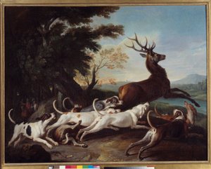 A caçar: "Debuche du veado" Pintura de François Desportes (1661-1743) 1718 Sol. 1,1x1,45 m Rouen, Musee des Beaux Arts de Alexandre Francois Desportes
