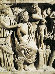 Sarcófago de mármore, Alívio retratando o mito de Prometeu, Detalhe, Athena ajudando Prometeu enquanto ele cria humanos, De Arles