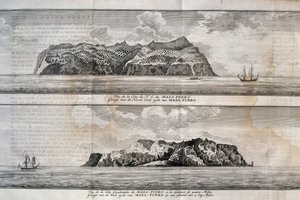 Vista da Ilha Alejandro Selkirk ou da Ilha Mas Afuera, Arquipélago Juan Fernandez, Chile, gravura