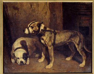 Pintura Escocesa Bulldog e Terrier de Alexandre Gabriel Decamps (1803-1860) Sol do século XIX. 1,04x1,34 m