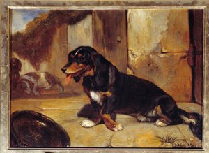 Um basset hound "Dogs hunting at rest" Pintura de Alexandre Gabriel Decamps (1803-1860) 1834 Dim 0,48x0,35 m Paris, musee du Louvre