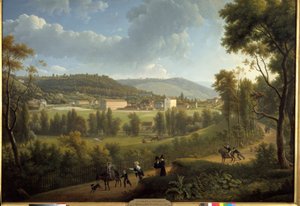Vista da aldeia de Jouy en Josas (Jouy-En-Josas) com a fábrica fundada em 1785 por Oberkampf (1738 - 1815). Pintura por Alexandre Dunouy (1757-1841)