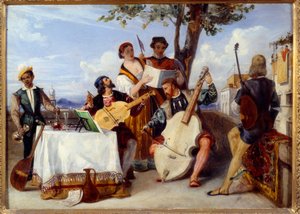 Os músicos de concerto Venicianos (violoncelo, alaúde, violino) e cantores num terraço são servidos por um criado negro. Pintura de Alexandre Hesse (1806-1879) Nantes do século XIX, Museu de Belas Artes