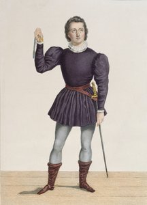 Frederick Lemaitre (1800-76) como Edgard em &39;La Fiancee de Lammermoor&39; por Walter Scott (1771-1832) no Teatro de la Porte Saint-Martin (gravura de cor) de Alexandre Lacauchie
