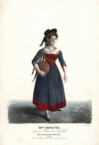 A atriz Mademoiselle Minette ou Jeanne-Marie-Francoise Menestrier como Françoise em Nicolas Remi por Sewrin, Theatre du Vaudeville de Alexandre Marie Colin