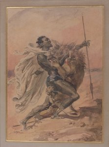 Luta entre um guerreiro e um leão